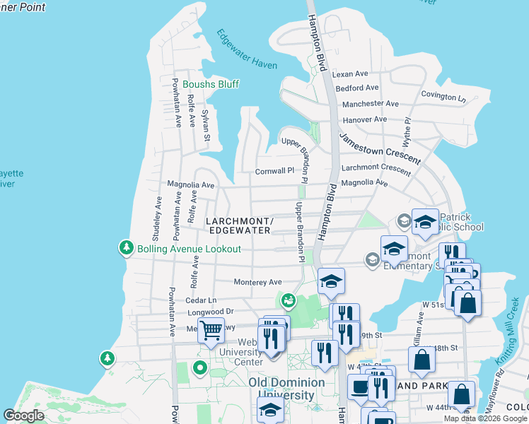 map of restaurants, bars, coffee shops, grocery stores, and more near 1329 Rockbridge Avenue in Norfolk