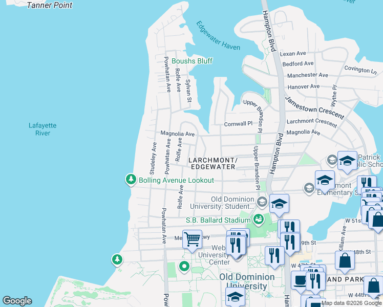 map of restaurants, bars, coffee shops, grocery stores, and more near 5421 Walton Avenue in Norfolk
