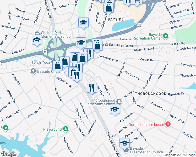 map of restaurants, bars, coffee shops, grocery stores, and more near 1593 Fuller Lane in Virginia Beach