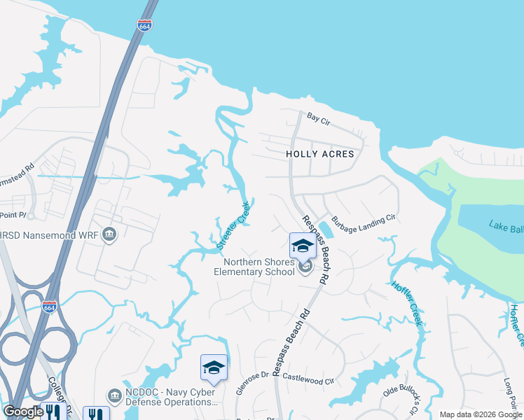 map of restaurants, bars, coffee shops, grocery stores, and more near 6725 Braebourne Court in Suffolk