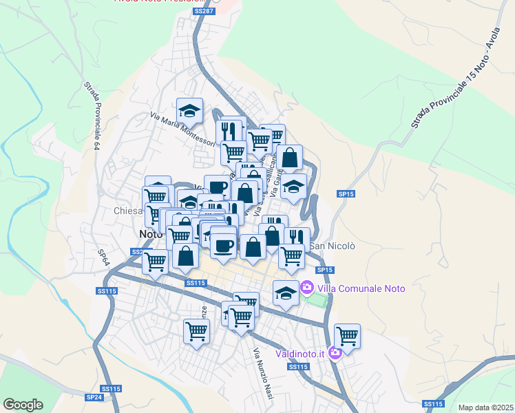 map of restaurants, bars, coffee shops, grocery stores, and more near 22 Via Sergio Sallicano in Noto