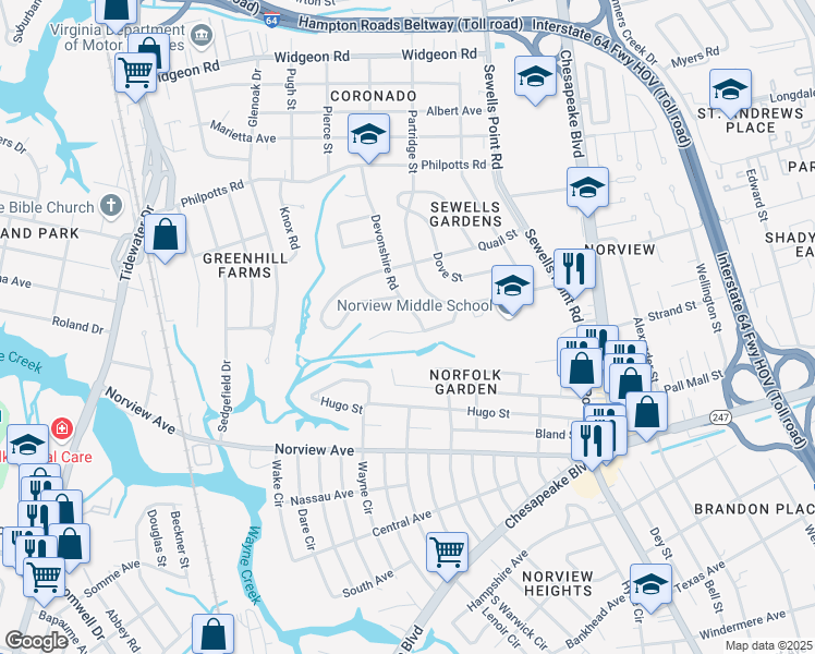 map of restaurants, bars, coffee shops, grocery stores, and more near 984 Winward Road in Norfolk