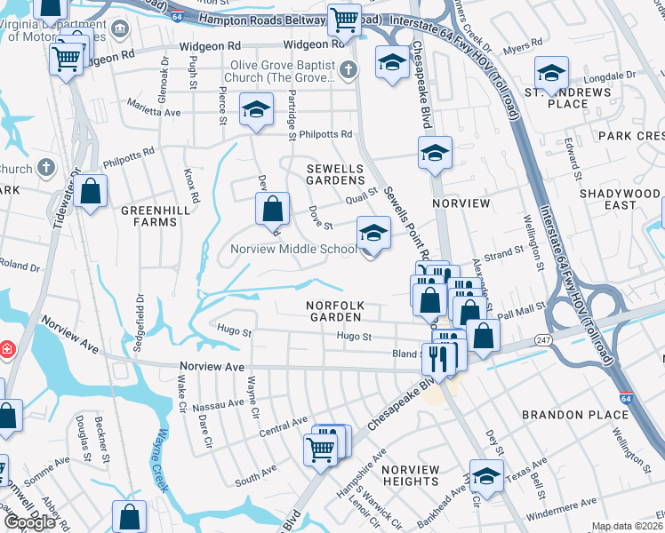 map of restaurants, bars, coffee shops, grocery stores, and more near 1027 Winward Road in Norfolk