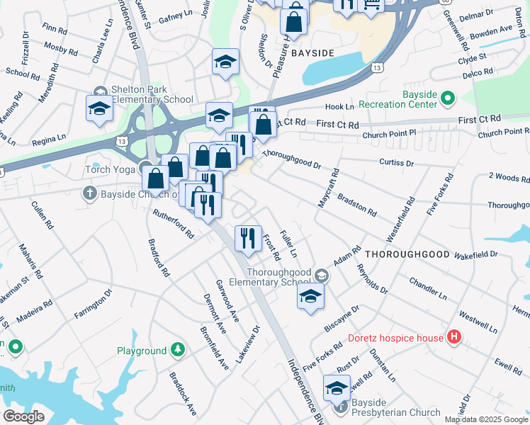 map of restaurants, bars, coffee shops, grocery stores, and more near 1593 Fuller Lane in Virginia Beach
