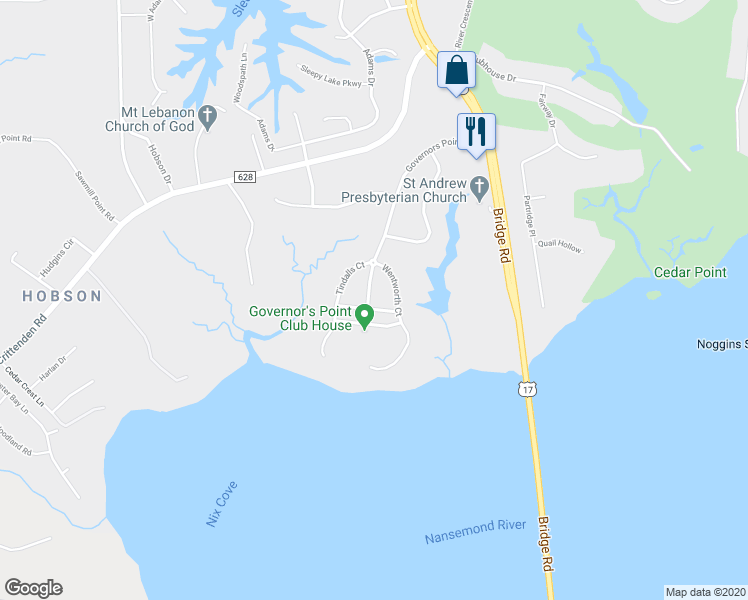 map of restaurants, bars, coffee shops, grocery stores, and more near 2106 Governors Pointe Drive in Suffolk