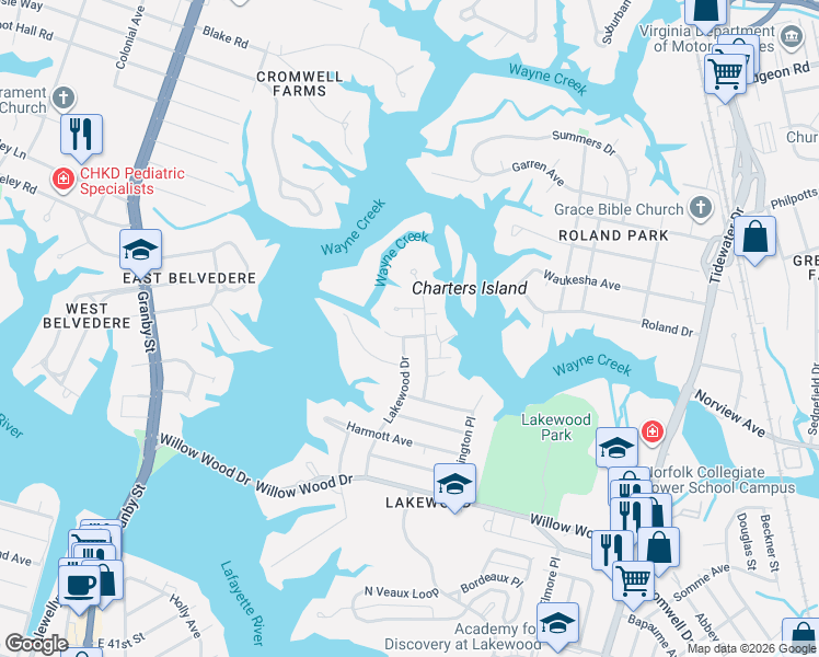 map of restaurants, bars, coffee shops, grocery stores, and more near 1314 Shaw Place in Norfolk