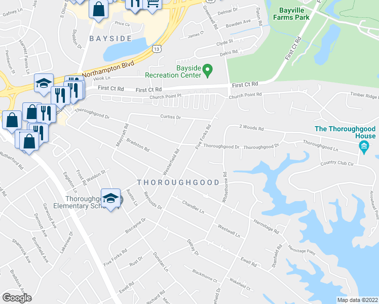 map of restaurants, bars, coffee shops, grocery stores, and more near 1629 5 Forks Road in Virginia Beach