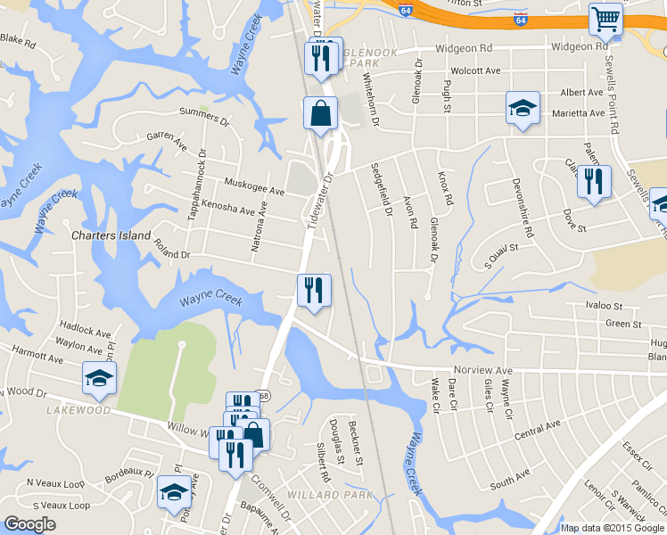 map of restaurants, bars, coffee shops, grocery stores, and more near 6216 Sunshine Avenue in Norfolk