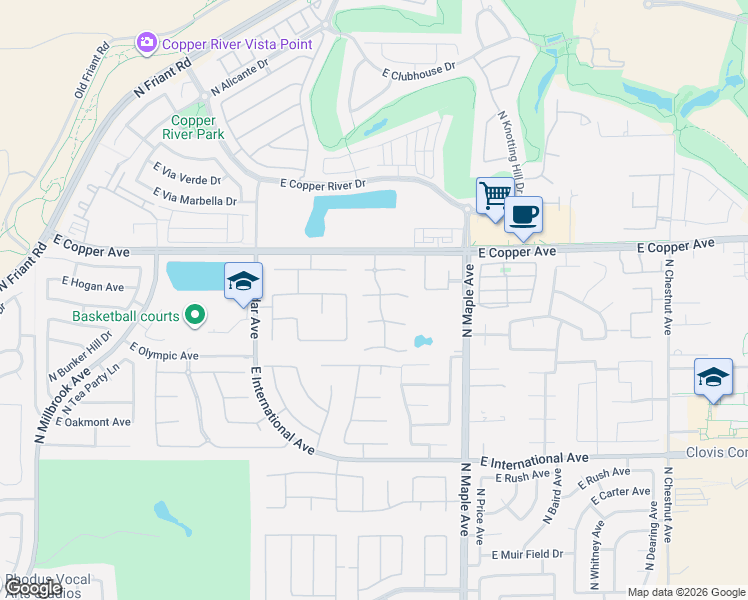 map of restaurants, bars, coffee shops, grocery stores, and more near 1715 East Wallington Lane in Fresno