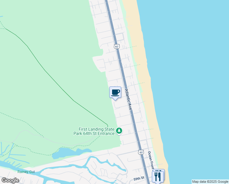 map of restaurants, bars, coffee shops, grocery stores, and more near 222 69th Street in Virginia Beach