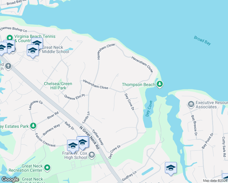 map of restaurants, bars, coffee shops, grocery stores, and more near 2444 Haversham Close in Virginia Beach