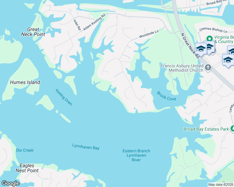 map of restaurants, bars, coffee shops, grocery stores, and more near 2912 Gaines Landing in Virginia Beach