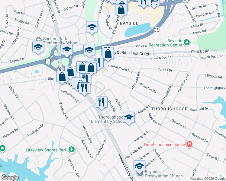 map of restaurants, bars, coffee shops, grocery stores, and more near 1588 Fuller Lane in Virginia Beach