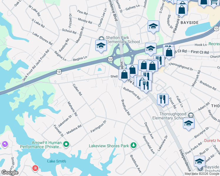 map of restaurants, bars, coffee shops, grocery stores, and more near 1404 Shelton Road in Virginia Beach