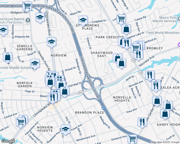 map of restaurants, bars, coffee shops, grocery stores, and more near 6224 Geneva Way in Norfolk