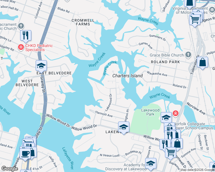 map of restaurants, bars, coffee shops, grocery stores, and more near 1314 Shaw Place in Norfolk