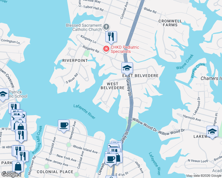 map of restaurants, bars, coffee shops, grocery stores, and more near 133 West Belvedere Road in Norfolk