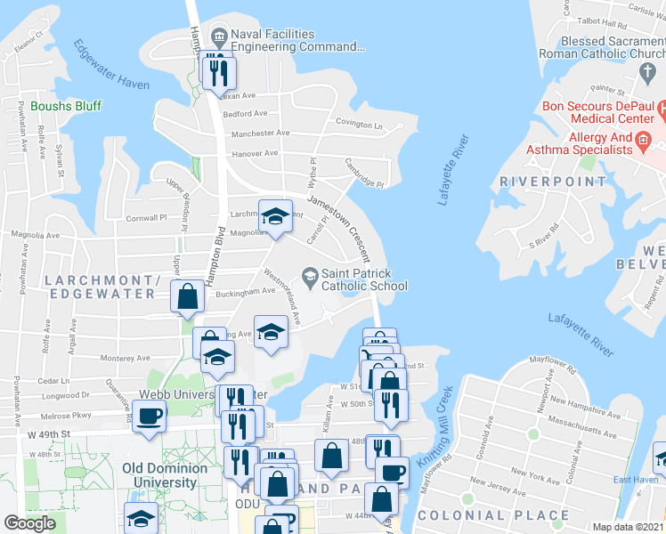 map of restaurants, bars, coffee shops, grocery stores, and more near 917 Magnolia Avenue in Norfolk