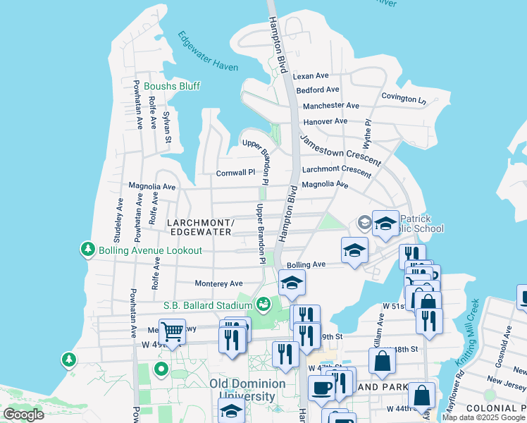 map of restaurants, bars, coffee shops, grocery stores, and more near 1230 Westmoreland Avenue in Norfolk