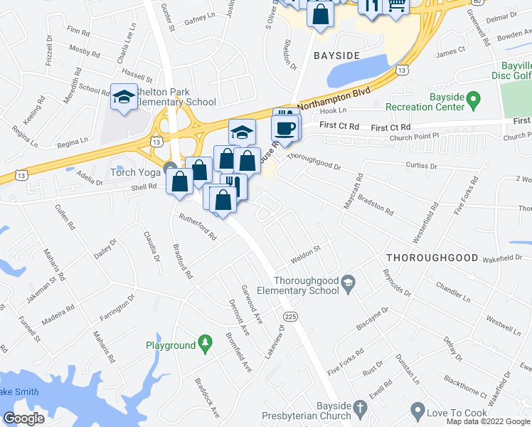 map of restaurants, bars, coffee shops, grocery stores, and more near 4736 Donelson Road in Virginia Beach