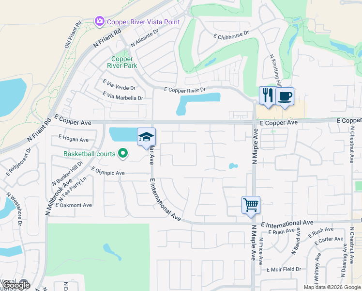 map of restaurants, bars, coffee shops, grocery stores, and more near 10801 North Eagle Crest Lane in Fresno