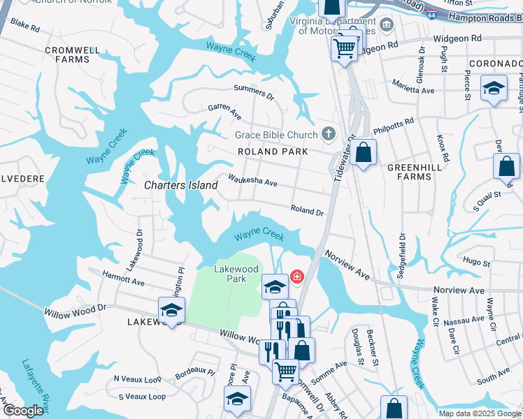 map of restaurants, bars, coffee shops, grocery stores, and more near 615 Roland Drive in Norfolk