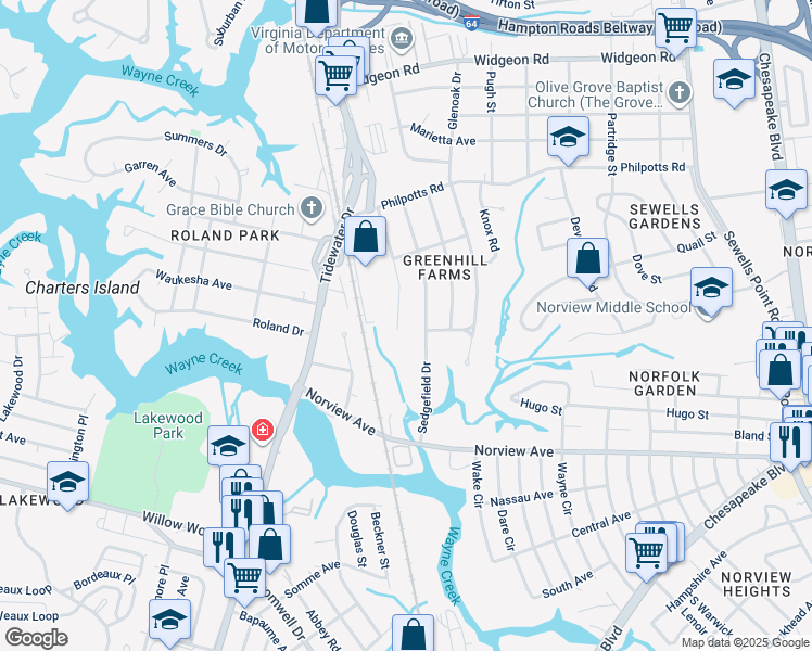 map of restaurants, bars, coffee shops, grocery stores, and more near 6312 Whittier Drive in Norfolk