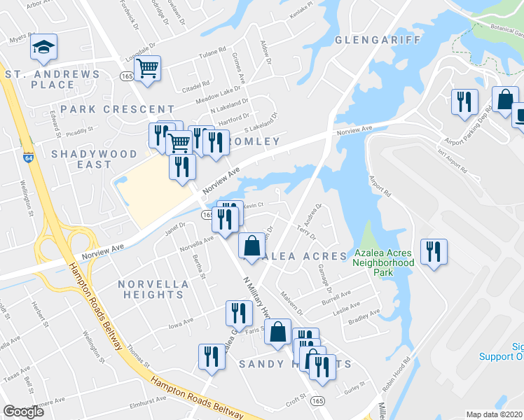 map of restaurants, bars, coffee shops, grocery stores, and more near 3612 Terry Drive in Norfolk