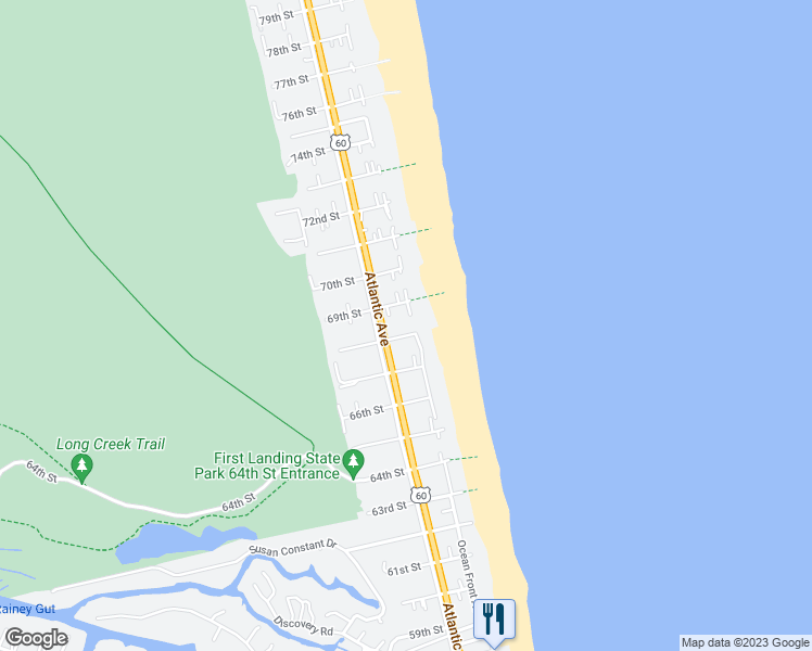 map of restaurants, bars, coffee shops, grocery stores, and more near 106 68th Street in Virginia Beach