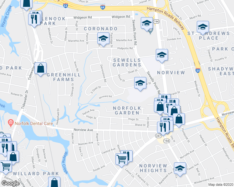 map of restaurants, bars, coffee shops, grocery stores, and more near 1004 Winward Road in Norfolk