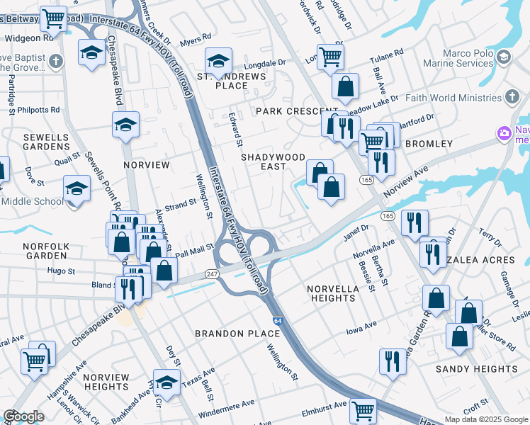 map of restaurants, bars, coffee shops, grocery stores, and more near 1405 Shadywood Road in Norfolk