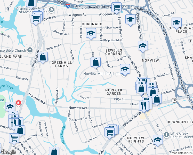 map of restaurants, bars, coffee shops, grocery stores, and more near 972 Winward Road in Norfolk