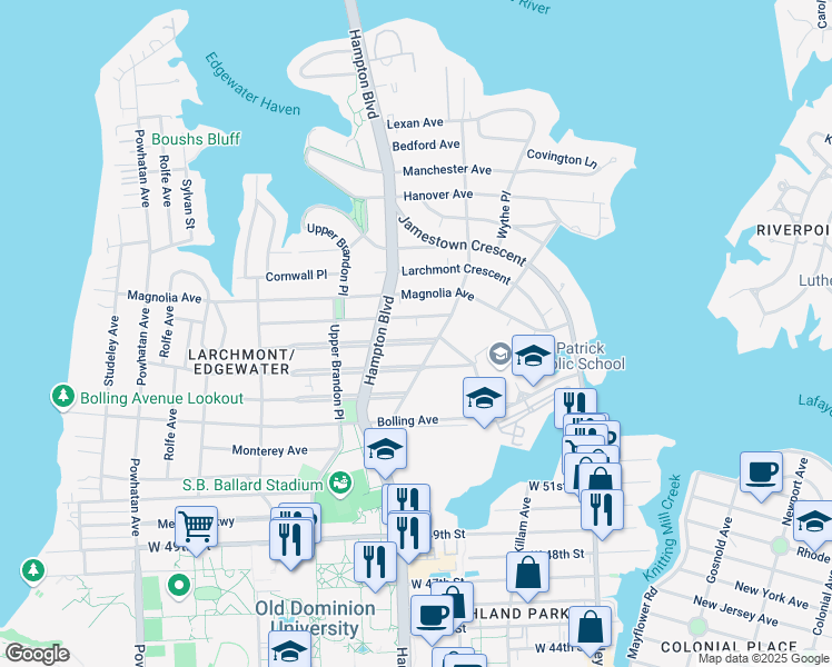 map of restaurants, bars, coffee shops, grocery stores, and more near 1118 Westmoreland Avenue in Norfolk