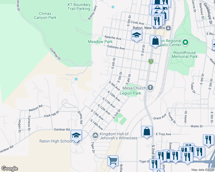 map of restaurants, bars, coffee shops, grocery stores, and more near 521 South 9th Avenue in Raton
