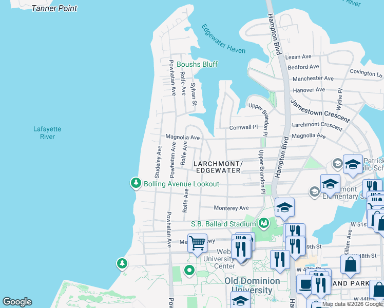 map of restaurants, bars, coffee shops, grocery stores, and more near 5421 Walton Avenue in Norfolk