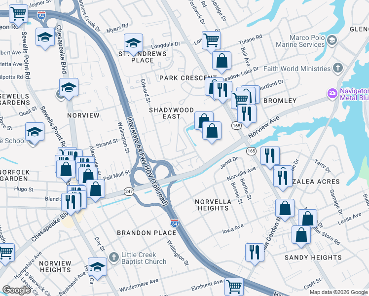 map of restaurants, bars, coffee shops, grocery stores, and more near 6128 International Boulevard in Norfolk