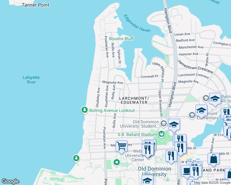 map of restaurants, bars, coffee shops, grocery stores, and more near 5421 Walton Avenue in Norfolk