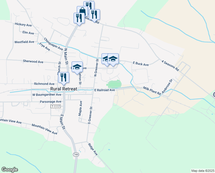 map of restaurants, bars, coffee shops, grocery stores, and more near 301-379 East Railroad Avenue in Rural Retreat