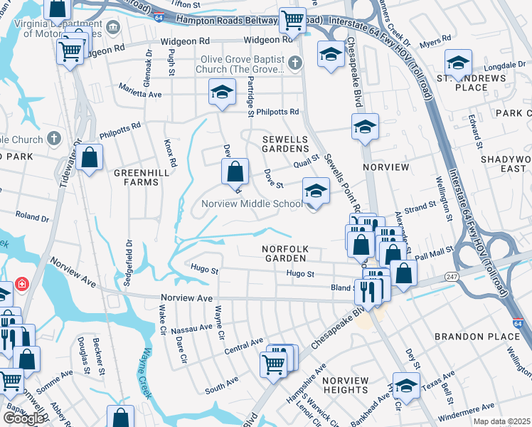 map of restaurants, bars, coffee shops, grocery stores, and more near 1008 Winward Road in Norfolk