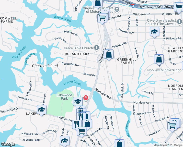 map of restaurants, bars, coffee shops, grocery stores, and more near 730 Roland Drive in Norfolk