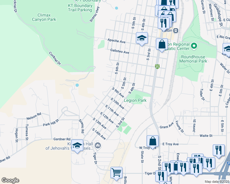 map of restaurants, bars, coffee shops, grocery stores, and more near 521 South 9th Avenue in Raton