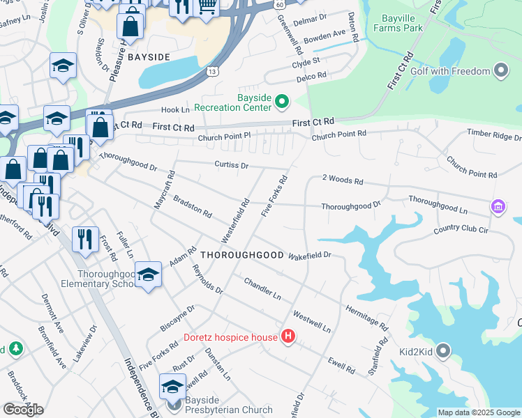 map of restaurants, bars, coffee shops, grocery stores, and more near 4501 Thoroughgood Drive in Virginia Beach