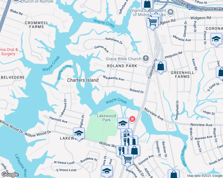 map of restaurants, bars, coffee shops, grocery stores, and more near 549 Roland Drive in Norfolk