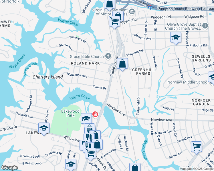map of restaurants, bars, coffee shops, grocery stores, and more near 6214 Virginia 168 in Norfolk