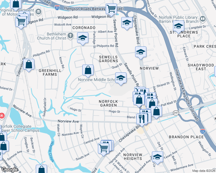 map of restaurants, bars, coffee shops, grocery stores, and more near 1027 Winward Road in Norfolk