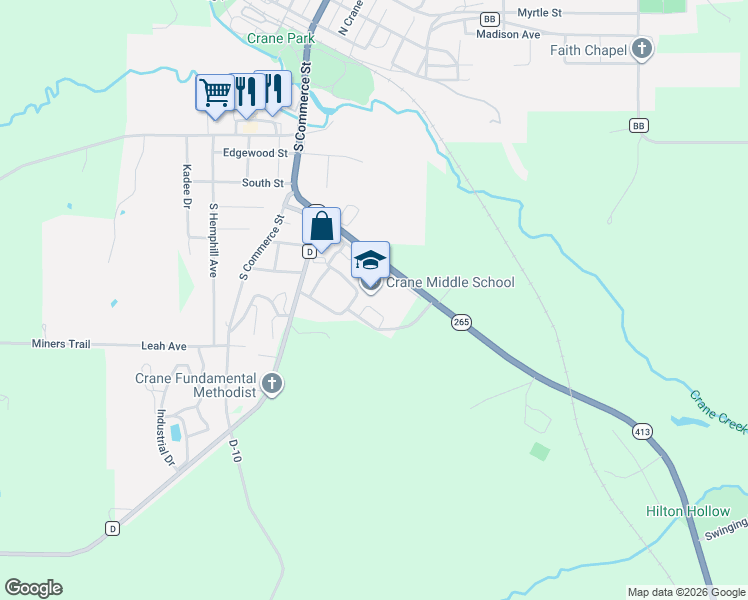 map of restaurants, bars, coffee shops, grocery stores, and more near 209 Pirate Lane in Crane