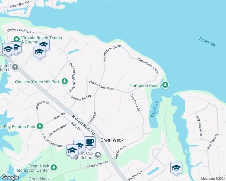 map of restaurants, bars, coffee shops, grocery stores, and more near 2461 Haversham Close in Virginia Beach
