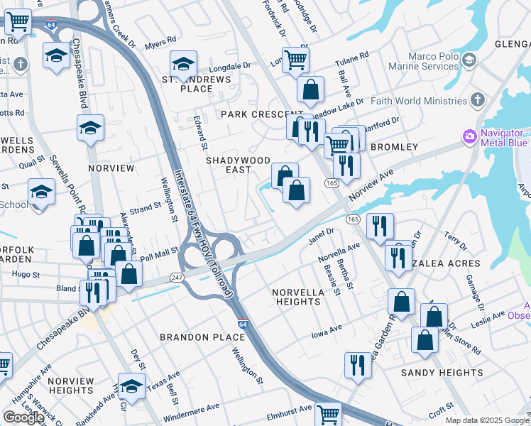 map of restaurants, bars, coffee shops, grocery stores, and more near 6128 International Boulevard in Norfolk