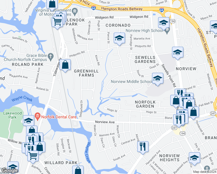 map of restaurants, bars, coffee shops, grocery stores, and more near 921 Quail Street in Norfolk