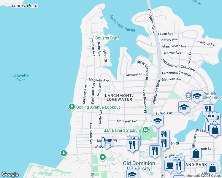 map of restaurants, bars, coffee shops, grocery stores, and more near 5434 Argall Crescent in Norfolk